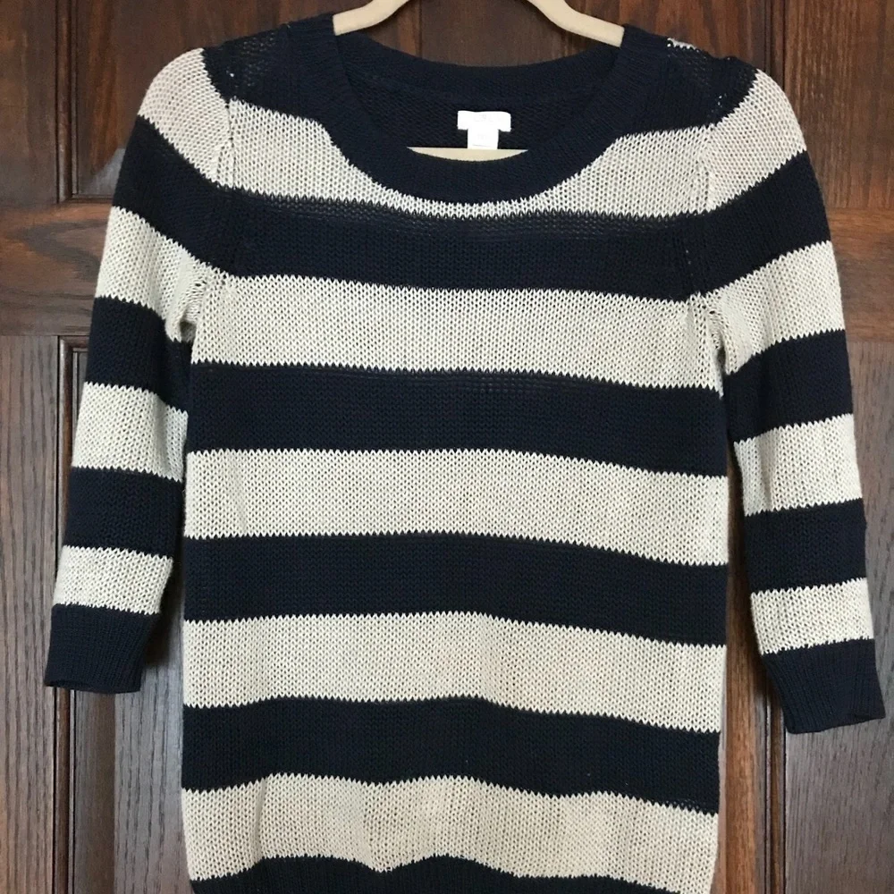 EUC J Crew Navy Cream Stripe Knit Sweater XXSβββββββ - Picture 1 of 8